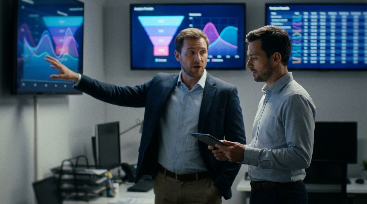 Two marketing specialists reviewing campaign funnels and audience curves on wall mounted dashboards