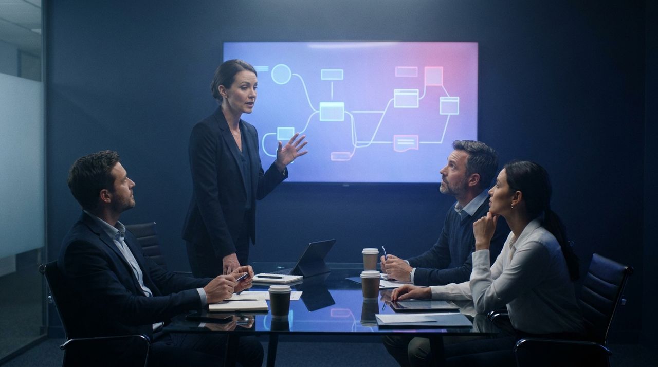 Four colleagues in a strategy session, mapping an event structure on a large wall display