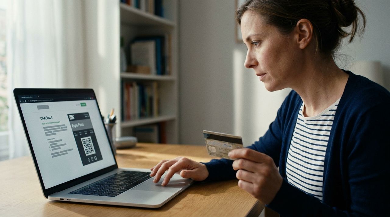 A visitor buying an expo pass at a checkout screen, card in hand, the pass and its entry code shown on the laptop