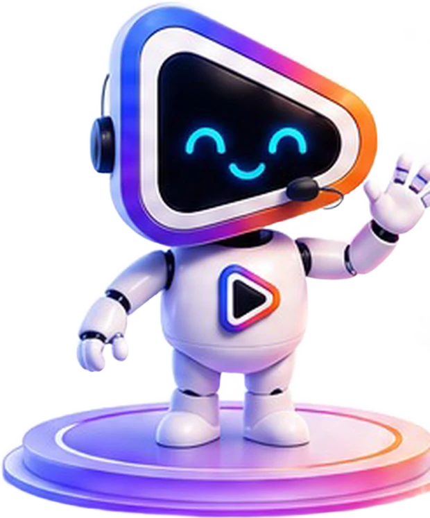 The eventooooo character, a friendly robot with a play-button face, waving from a lit podium