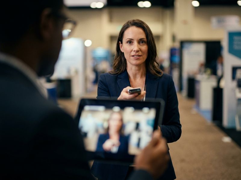 An exhibitor presenting to camera at her booth while an attendee watches the same feed on a tablet