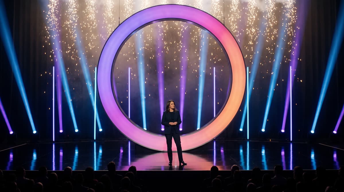 Speaker presenting from a live keynote stage during an online expo streamed on eventooooo