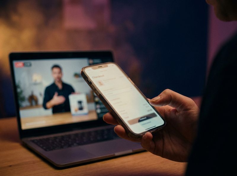 A viewer completing a purchase on their phone while a live product demonstration plays on the laptop beside them