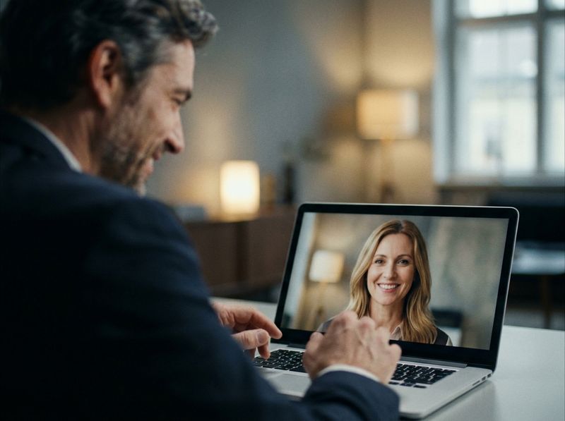 A visitor in a private one to one video call with an exhibitor representative, both mid conversation