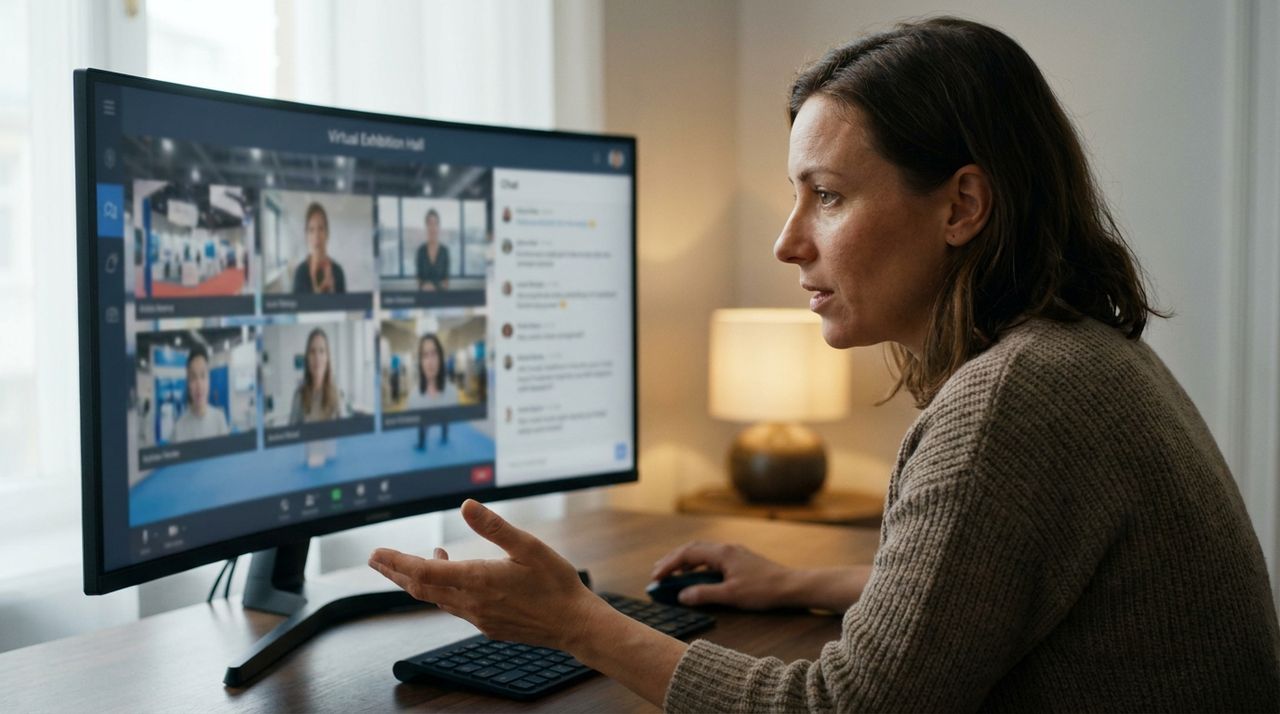 An attendee joining a virtual exhibition hall, with exhibitor booths shown as live video tiles beside a running chat panel